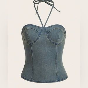 SHEIN EZwear Tie Backless Bustier Denim Halter